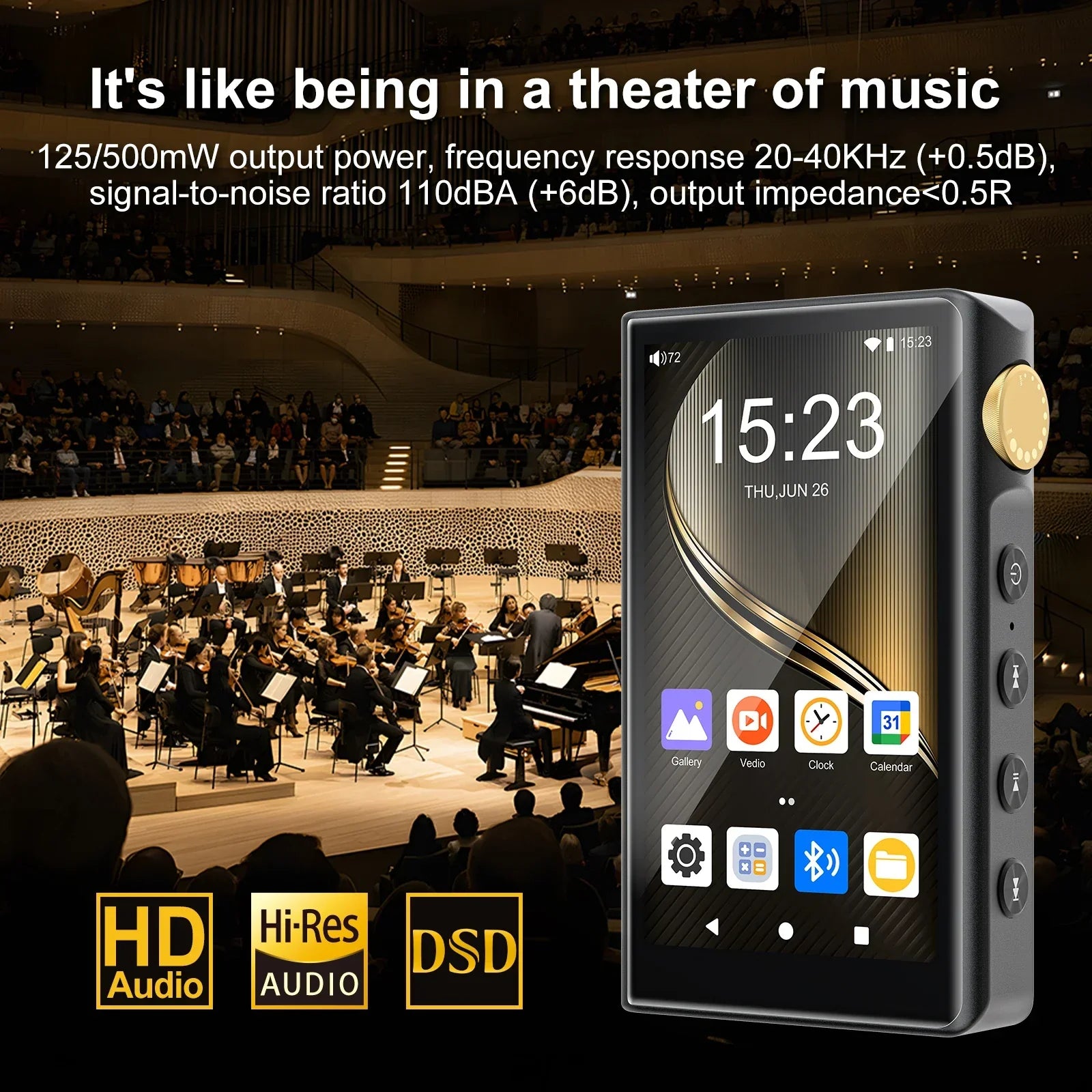 Black and gold 96GB HiFi lossless music player with touchscreen and side buttons featuring Bluetooth Wifi DSD connectivity