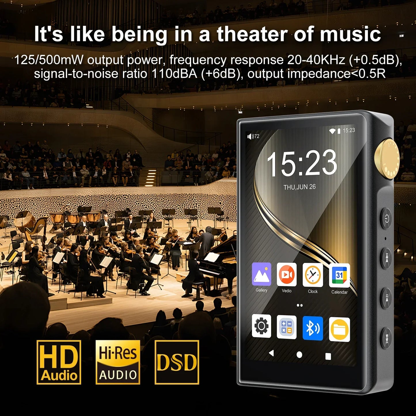 Black and gold 96gb hifi lossless music player with touchscreen display and side buttons supports bluetooth wifi dsd connectivity