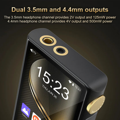 Black and gold 96gb hifi lossless music player with bluetooth wifi dsd dual 3.5mm and 4.4mm headphone outputs displaying time