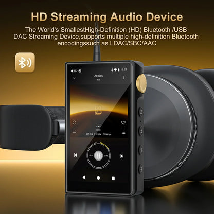 Black rectangular 96gb hifi lossless music player with glossy screen bluetooth wifi dsd and gold rotary dial