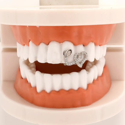 1Pcs Punk Copper Double Heart Teeth Caps for Women Men Hip Hop Zircon Hollow Love Tooth Grillz Couple Jewelry Accessories