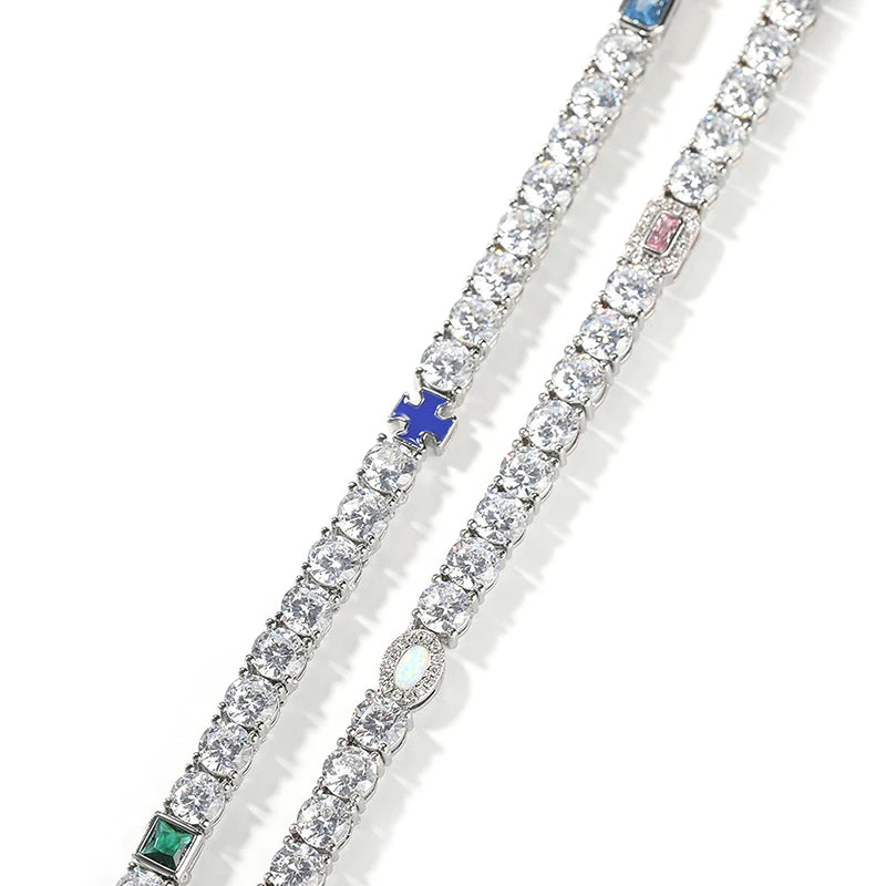 Hip Hop Color CZ Stone Paved Bling Iced Out Cross Tennis Link Chain Bracelets Necklaces for Men Women Unisex Rapper Jewelry