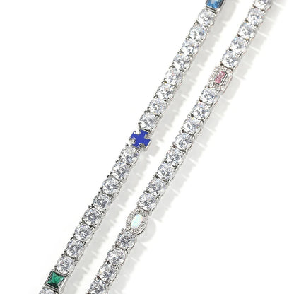 Hip Hop Color CZ Stone Paved Bling Iced Out Cross Tennis Link Chain Bracelets Necklaces for Men Women Unisex Rapper Jewelry