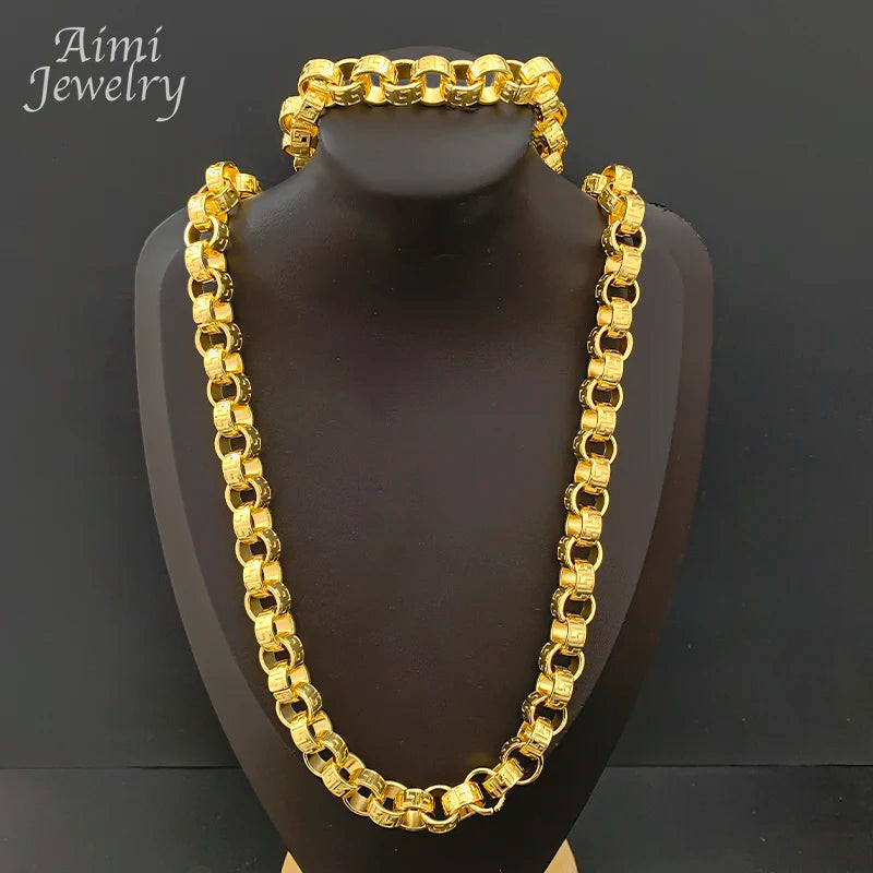 Hip Hop Original Long Linked Chain Golden Choker for Man Top Quanlity Jewelry Set Necklace Bracelet Jewellery Sets Party Gift