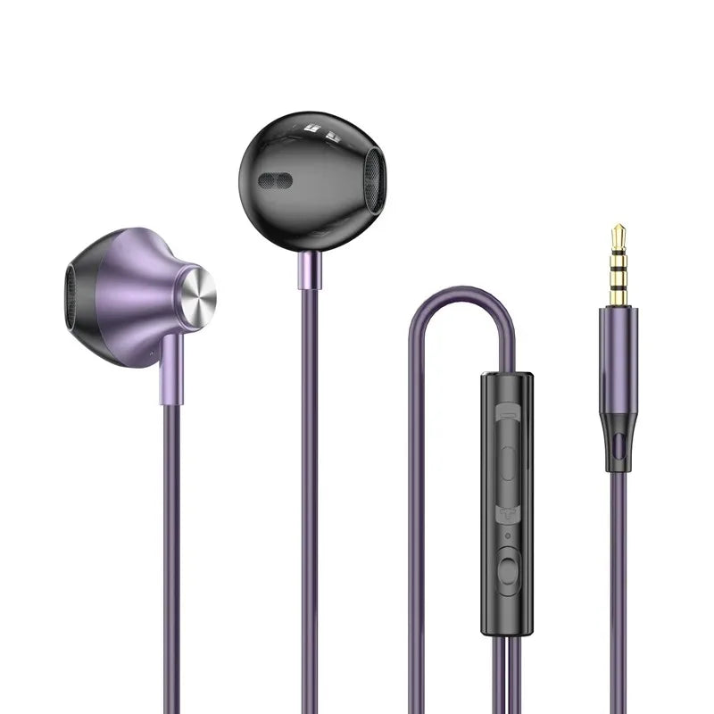 Sleek purple and black aux wired headphone with metallic accent and surround stereo headset design for heavy bass audio