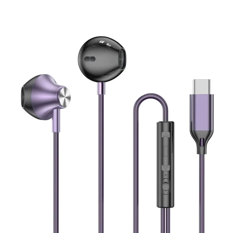 Purple and black 9D HIFI heavy bass aux wired headphone with usb-c connector surround stereo headset with HD mic