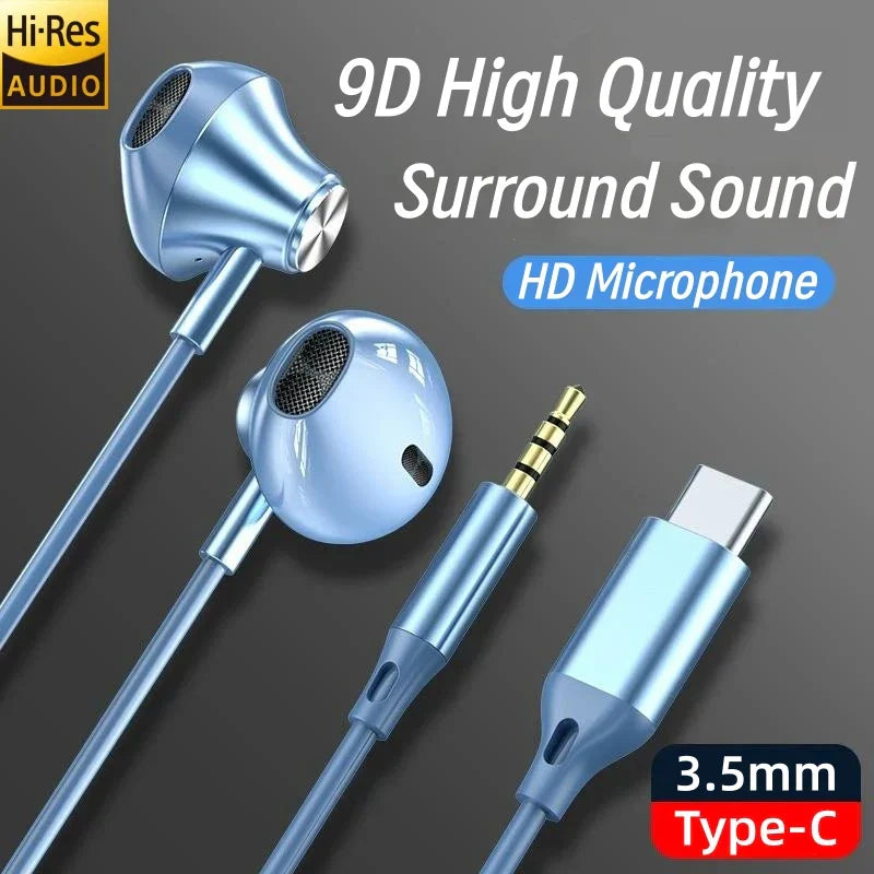 Light blue metallic 9d hifi aux wired headphone with type c and 3.5mm connector surround stereo headset