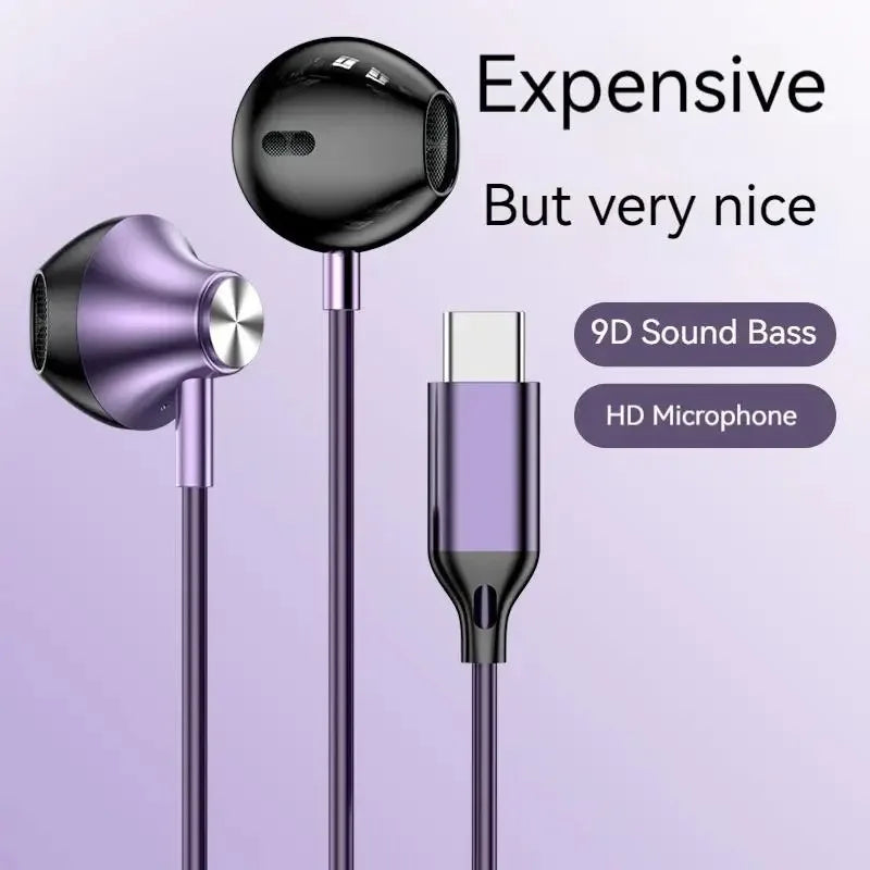 Purple and black 9D HIFI heavy bass aux wired headphone with metallic accents and surround stereo headset design