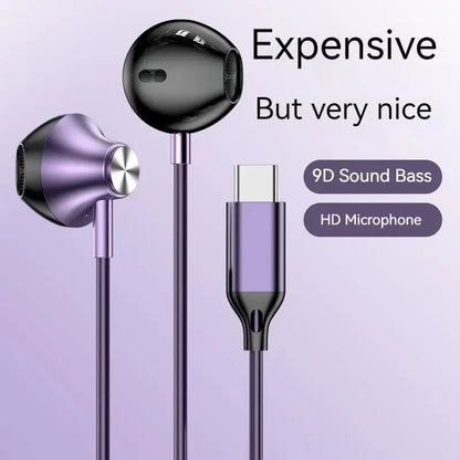 Purple and black 9D HIFI heavy bass aux wired headphone with metallic accents and surround stereo headset design