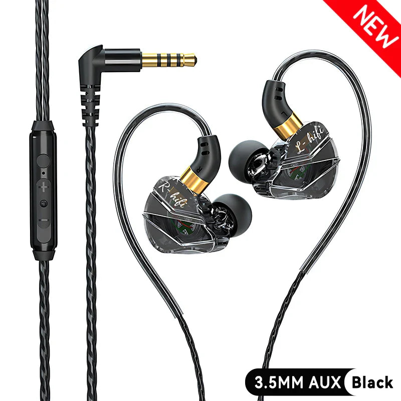 Black and gold inlayed transparent l-hifi in-ear wired headphones music with 5mm type-c digital chip and mic for surround hifi heavy bass