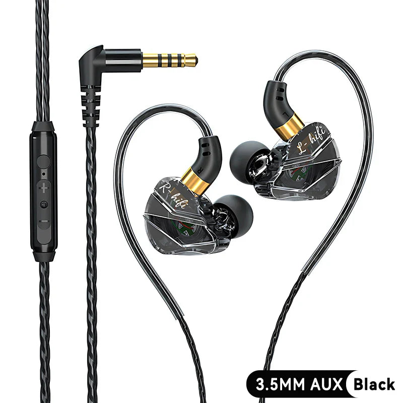 Black and gold l-hifi in-ear wired headphones music with transparent housing surround hifi heavy bass 3.5mm type-c digital chip