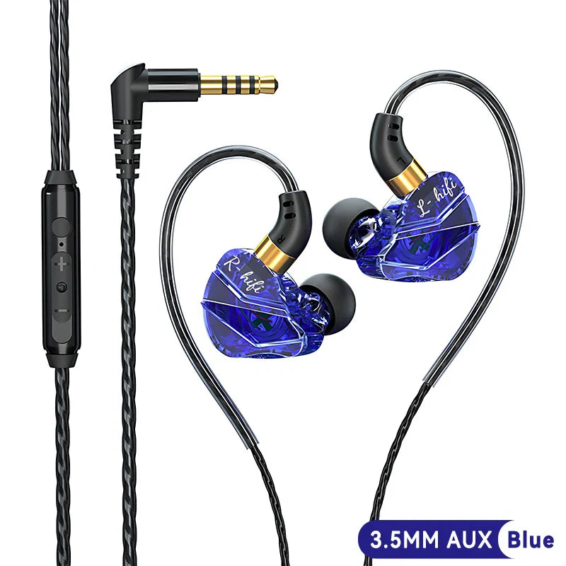 Blue transparent crystal in-ear wired headphones music with surround hifi heavy bass and 3.5mm type-c digital chip for android