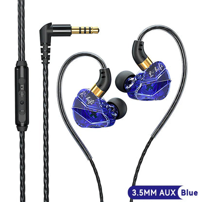 Blue transparent crystal in-ear wired headphones music with surround hifi heavy bass and 3.5mm type-c digital chip for android