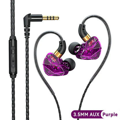 Purple crystal-clear in-ear wired headphones music with gold accents black cables 5mm type-c digital surround hifi heavy bass
