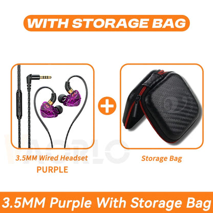 Purple 3.5mm wired headphones music with surround hifi heavy bass and gold accents with black carbon-fiber storage bag