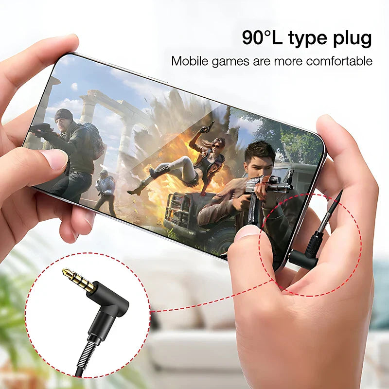 Black 90° l type plug wired headphones music with metallic gold tip and flexible braided cable for surround hifi heavy bass