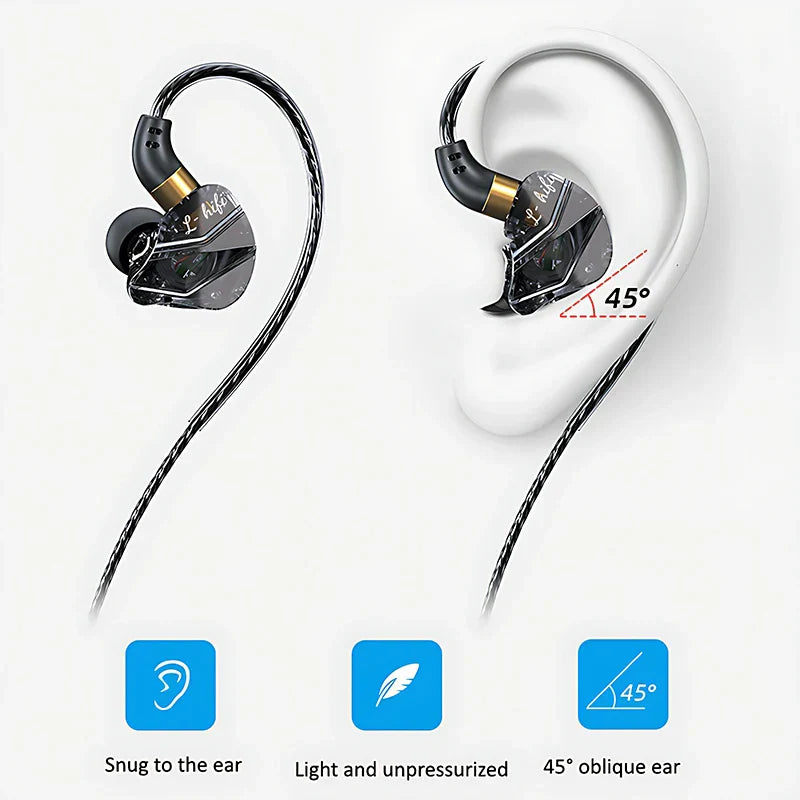 Black and gold inlayed wired headphones music with transparent housing surround hifi heavy bass 3.5mm type c digital chip