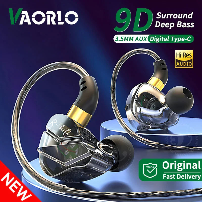 Clear transparent resistive wired headphones music with gold accents black ear tips and 5mm type-c digital chip