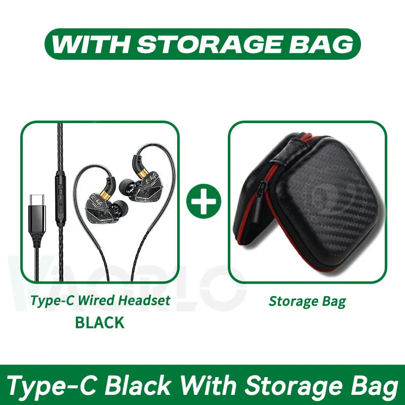 Black wired headphones music with surround hifi heavy bass, gold accents, and carbon-fiber 5mm type-c digital bag
