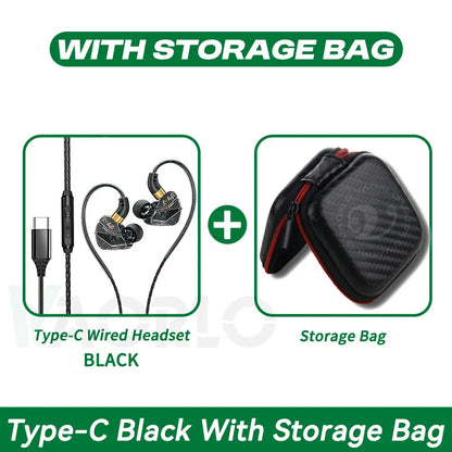 Black wired headphones music with surround hifi heavy bass, gold accents, and carbon-fiber 5mm type-c digital bag