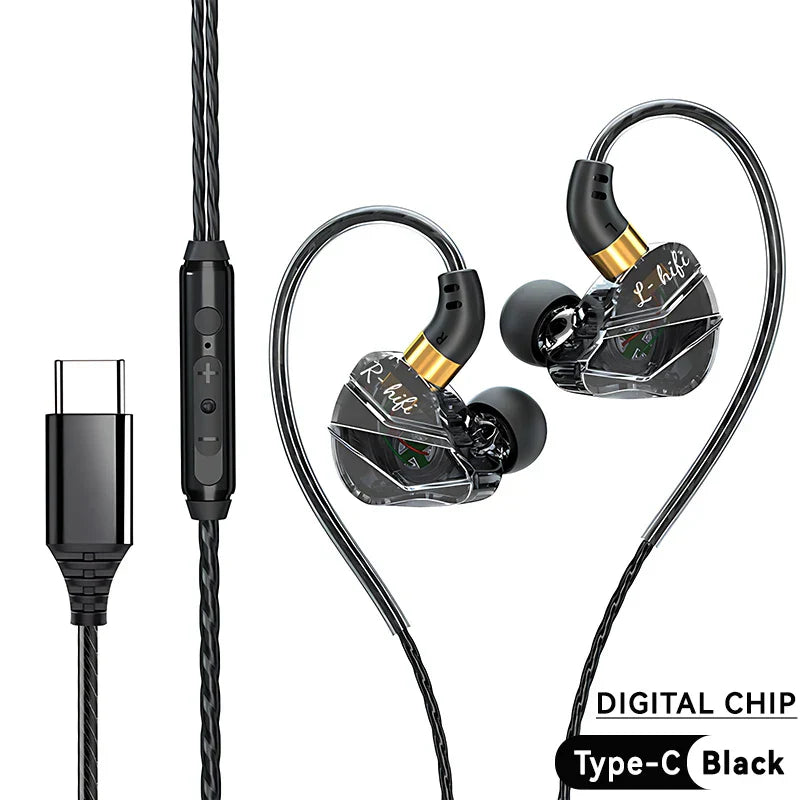 Black and gold inlayed transparent wired headphones music with braided cable and 5mm type-c digital inline control for android