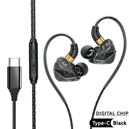 Black and gold inlayed transparent wired headphones music with braided cable and 5mm type-c digital inline control for android