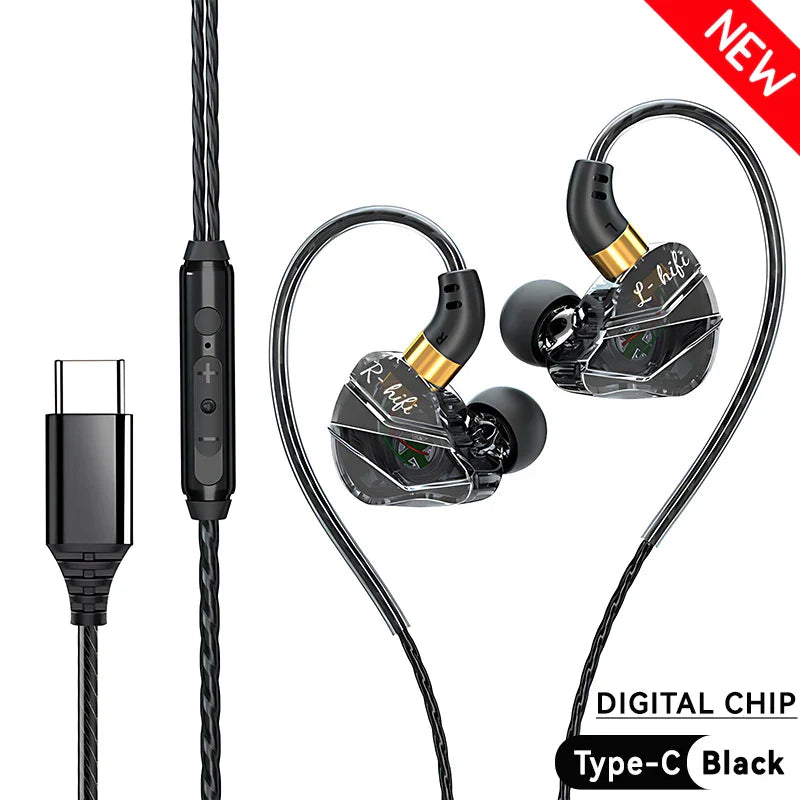 Black and gold inlayed l-hifi wired headphones music with transparent housing 5mm type-c digital chip for surround hifi heavy bass