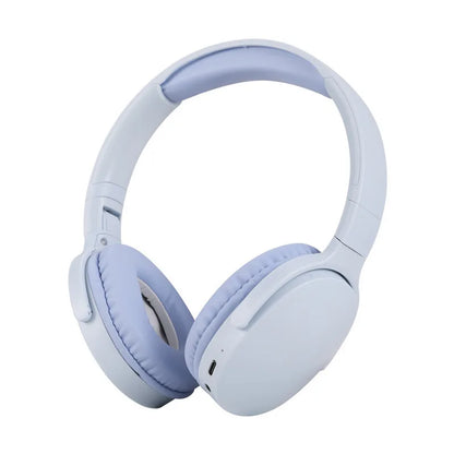 Light blue over-ear surround sound wireless bluetooth headphones with soft padded earcups and headphones deep bass feature