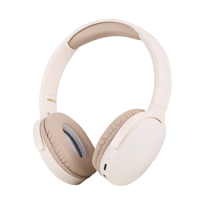 Cream-colored over-ear wireless bluetooth headphones with soft padded earcups and headphones deep bass for sports gaming