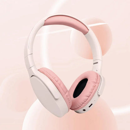 Pink and white over-ear wireless bluetooth headphones with soft padded earcups and headphones deep bass for surround sound wireless use