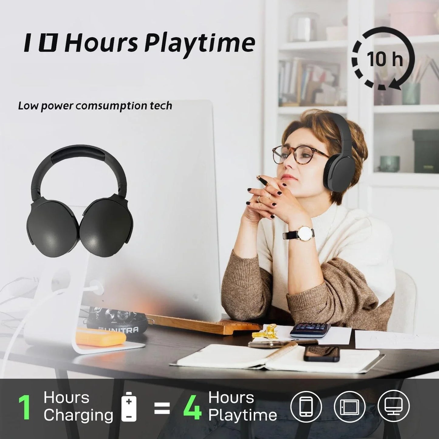 Black over-ear surround sound wireless bluetooth headphones with deep bass for sports gaming and noise reduction