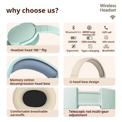 Light mint green surround sound wireless bluetooth headphones with ergonomic design and memory cotton ear cushions
