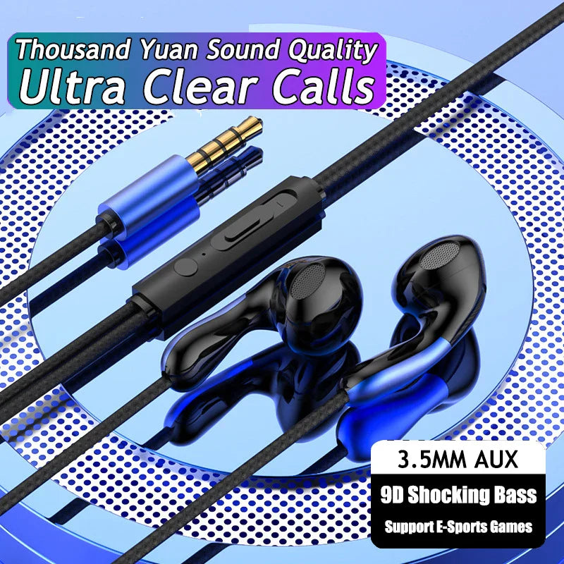 Black and blue 9dhifi heavy bass digital chip headsets with 3.5mm aux and inline controls for bass stereo sport use