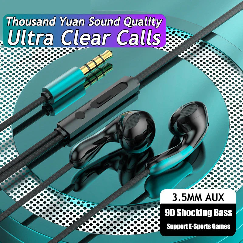 Black in-ear 9dhifi heavy bass stereo sport earphones with teal accents 3.5mm aux digital chip headsets for clear calls