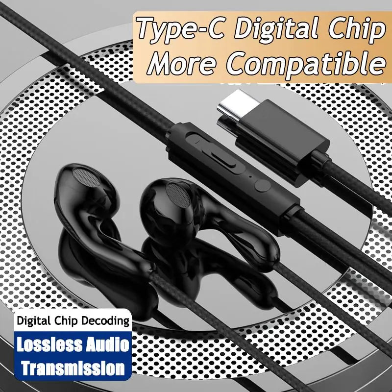 Black in-ear 9dhifi heavy bass digital chip headsets with textured cable for bass stereo sport use and type-c connector