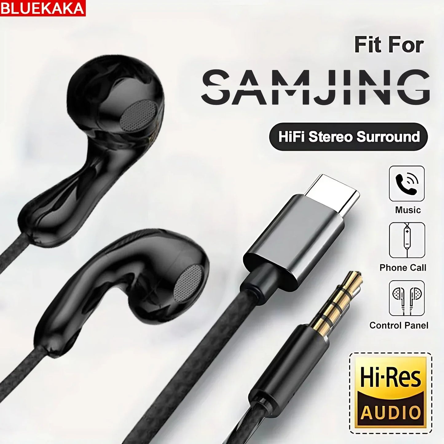 Black wired in-ear headphones with usb-c and 3.5mm jack featuring 9dhifi heavy bass digital chip headsets for sport use