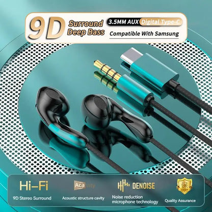 Teal and black 9dhifi heavy bass digital chip headsets with 3.5mm aux and usb-c adapter for bass stereo sport use