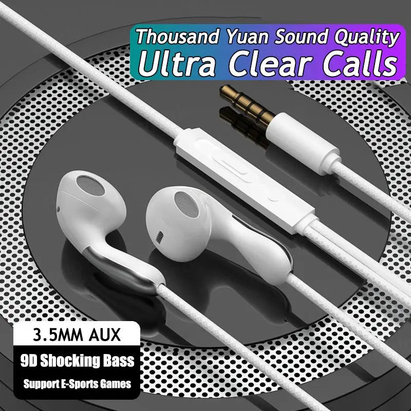 White 9dhifi heavy bass stereo sport digital chip headsets with 3.5mm aux cable and metallic accented earpieces