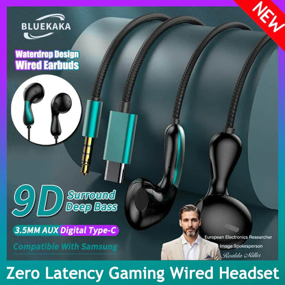 Black and teal 9dhifi heavy bass sport music wired earphones with braided cable and digital chip headsets for gaming use