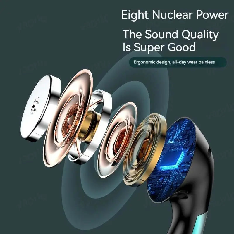 Wireless earbud with black silver ergonomic design showing gold drivers and blue circuitry for 9dhifi heavy bass sport music wired digital chip headsets
