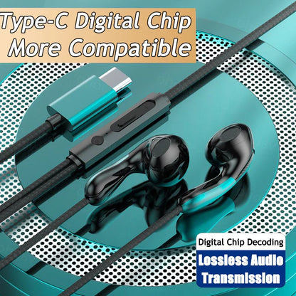 Black in-ear sport music wired earphones with teal accents and a type-c cable featuring digital chip headsets for 9dhifi heavy bass