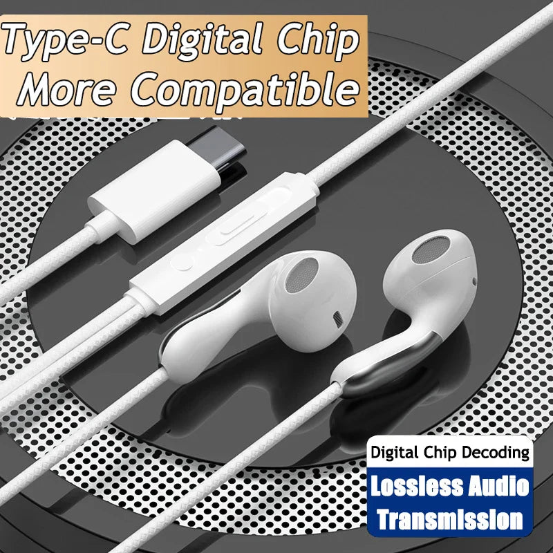 White sport music wired earphones with type-c digital chip headsets featuring silver accents and 9dhifi heavy bass design