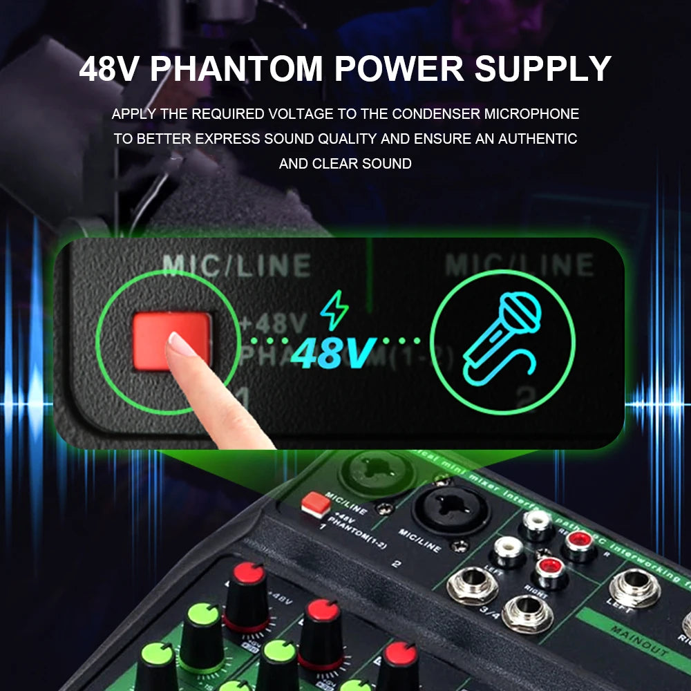 A4 4 Channel Portable Professional Audio Mixer with Bluetooth 48V Phantom,Monitoring Function for DJ Karaoke PC MP3 microphone