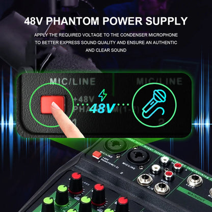 A4 4 Channel Portable Professional Audio Mixer with Bluetooth 48V Phantom,Monitoring Function for DJ Karaoke PC MP3 microphone