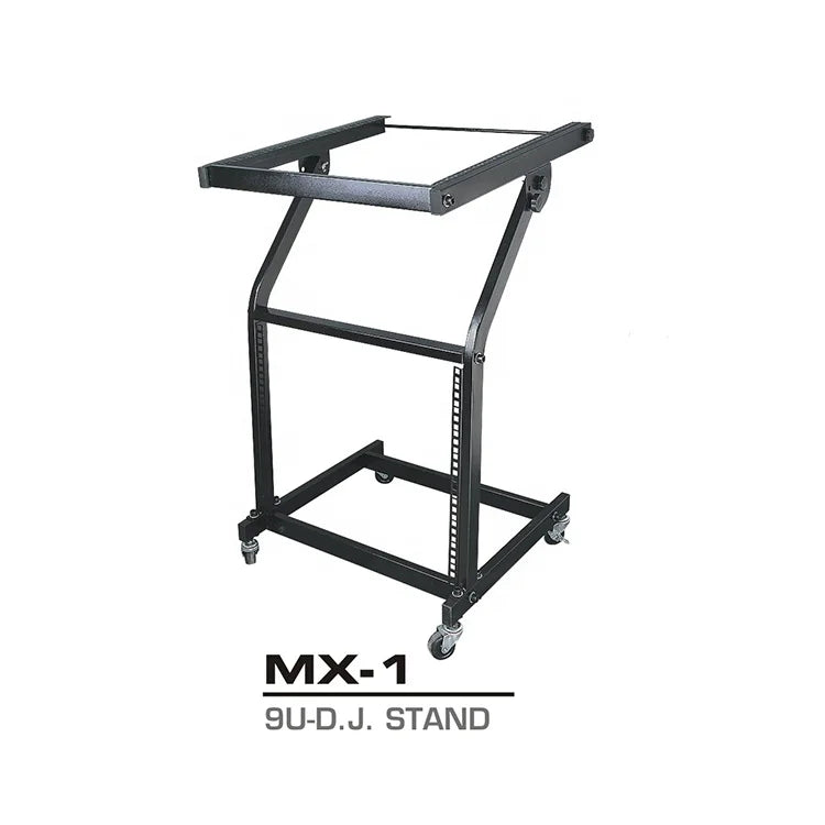 Black metal 9u-d.j. mixer stand rack with mount stage cart for cart music equipment in studio and party use