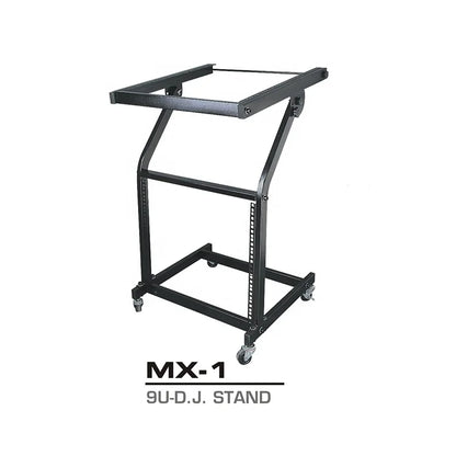 Black metal 9u-d.j. mixer stand rack with mount stage cart for cart music equipment in studio and party use