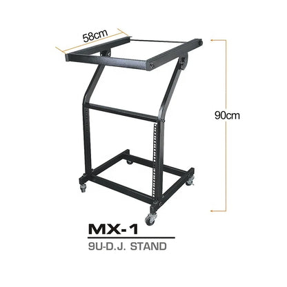 Black metal 9u dj mixer stand rack with mount stage cart for cart music equipment in studio and party use