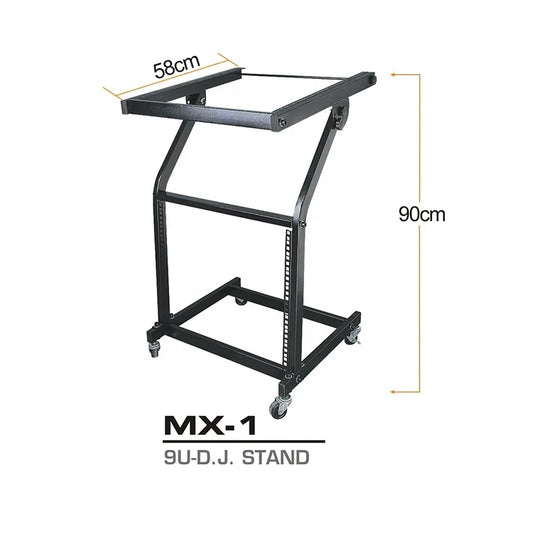 Black metal 9u-d.j. mixer stand rack with mount stage cart for music equipment studio and live shows