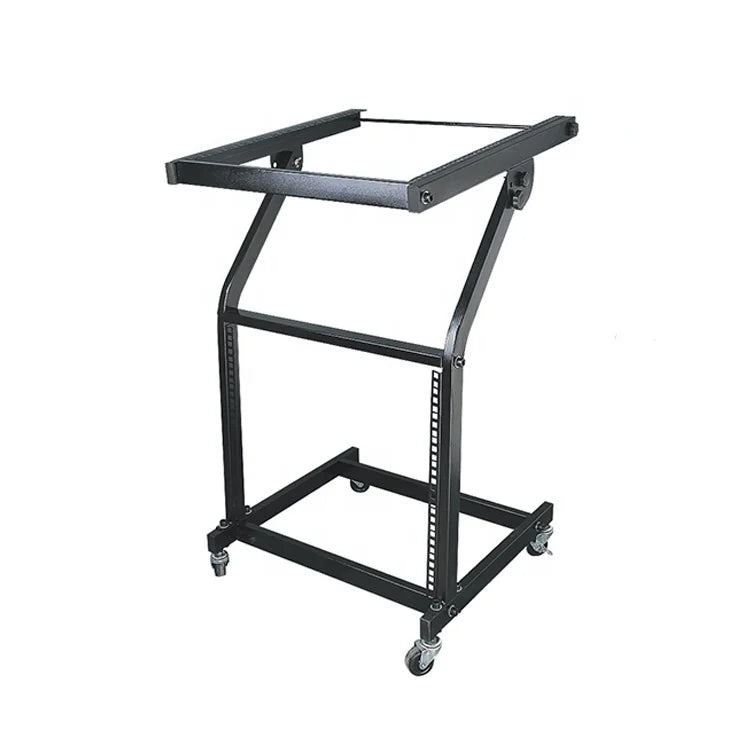 Black metal mixer stand rack with four caster wheels and rectangular frame for mount stage cart music equipment use