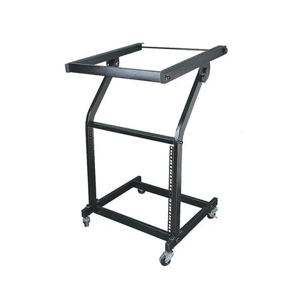 Black metal mixer stand rack with four caster wheels and rectangular frame for mount stage cart music equipment use